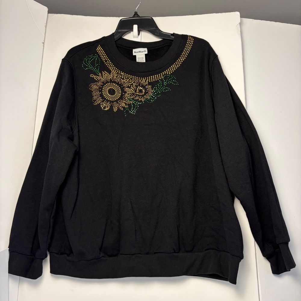 BonWorth Womens Black Sunflower Studded Sweatshirt Size LP Floral Pullover 38117